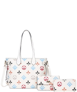 3in1 Print Tote Bag W Crossbody and Wallet Set DH-8091-S WHITE